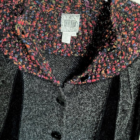 Curio Bell Sleeve Button Cardigan Sweater Boucle Collar Jacket MP Gray Black - Picture 4 of 11